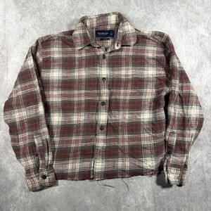 Abercrombie & Fitch Soft AF Cropped Plaid Flannel Shirt Red Small Raw Hem Autumn